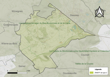 Carte des ZNIEFF de type 2 sur la commune.