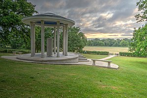 The Magna Carta Memorial at Runnymede, designed by Sir Edward Maufe and erected by the American Bar Association in 1957. The memorial stands in the meadow known historically as Long Mede: it is likely that the actual site of the sealing of Magna Carta lay further east, towards Egham and Staines. ABA-wyrdlight-815935.jpg