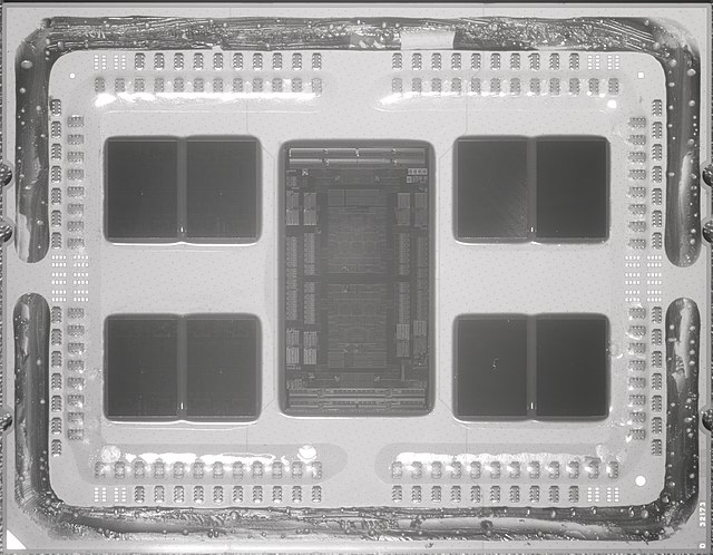 A near-infrared photograph of a delidded second gen Epyc 7702. Each CCD has two CCXs