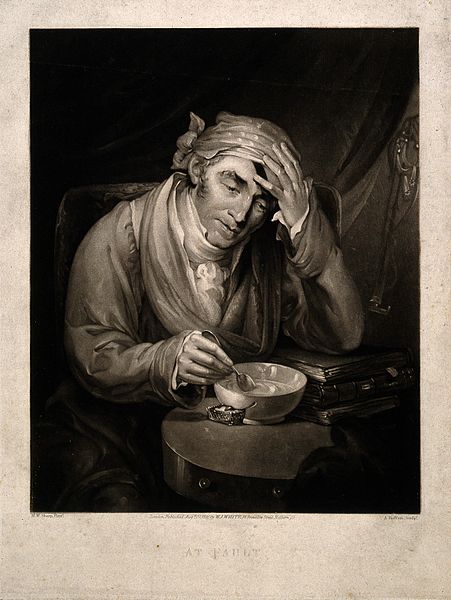 File:A sick man holding his head, leaning on a pile of books and Wellcome V0016565.jpg