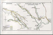 A 1903 Railway Clearing House map of railways in the vicinity of Quaker's Yard (right, the QY&MR is shown in yellow and violet) Aberdare Llancaiach, Moutain Ash & Quakers Yard RJD 131.jpg