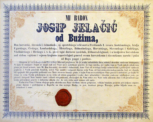 The proclamation by count Josip Jelačić abolishing serfdom in the Kingdom of Croatia