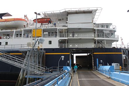 An Alaska Marine Highway ferry boat docked in Juneau, Alaska