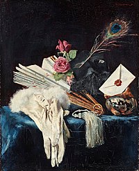 Still Life with Fan, Roses and a Peacock Feather (1885)