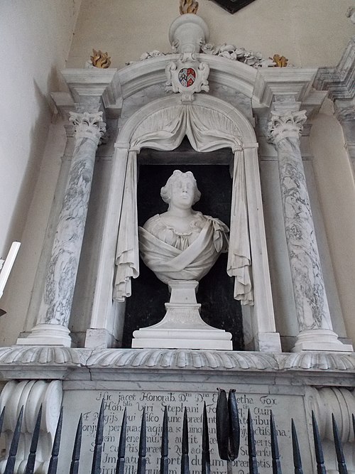 Mural monument to Elizabeth Whittle (d.1696), first wife of Sir Stephen Fox, in the Ilchester Chapel of Farley Church