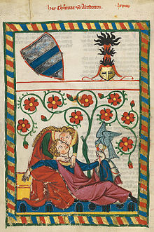 The medieval poet Konrad von Altstetten shown with his falcon, in the embrace of his lover. From the Codex Manesse. Altstetten.jpg