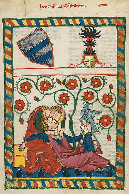 The medieval poet Konrad von Altstetten shown with his falcon, in the embrace of his lover. From the Codex Manesse.