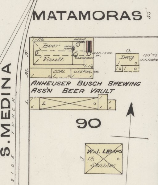 File:Anheuser Busch Brewing Association Beer Vault in July 1885 map, from- Sanborn Fire Insurance Map from San Antonio, Bexar County, Texas. LOC sanborn08740 001-12 (cropped).tif