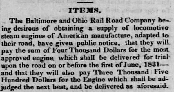 Locomotives sought by the Baltimore and Ohio Railroad, 1831