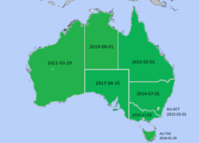 Australian filtering law map (2015) showing variations in laws. Legal: green with starting dates. Australia lane filtering legality.png