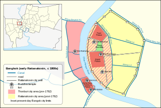 Map showing the extent of the capital during the Thonburi and early Rattanakosin periods Bangkok (early Rattanakosin) map.svg