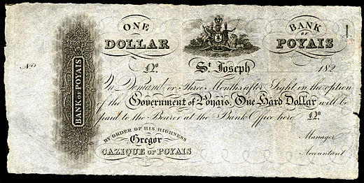A Bank of Poyais "dollar", printed in Scotland. MacGregor bartered these worthless notes to his would-be settlers, taking their real British money in exchange.