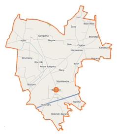 Mapa konturowa gminy Baranów, blisko prawej krawiędzi nieco u góry znajduje się punkt z opisem „Karolina”