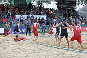 Deutsch: Beachhandball Europameisterschaften 2019 (Beach handball Euro); Tag 6: 7. Juli 2019 – Spiel um Platz Drei, Männer, Ungarn-Russland 2:0 (26:20, 23:22) English: Beach handball Euro; Day 6: 7 July 2019 – Men's Bronze Medal Match – Hungary-Russia 2:0 (26:20, 23:22)