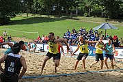 Deutsch: Beachhandball Europameisterschaften 2019 (Beach handball Euro); Tag 1: 2. Juli 2019 – Männer, Vorrunde Gruppe A, Deutschland-Norwegen 2:0 (22:14, 22:20) English: Beach handball Euro; Day 1: 2 July 2019 – Men Preliminary Round Group A – Germany-Norway 2:0 (22:14, 22:20)