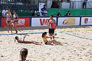 Deutsch: Beachhandball Europameisterschaften 2019 (Beach handball Euro); Tag 2: 3. Juli 2019 – Frauen, Vorrunde Gruppe C, Spanien-Griechenland 2:1 (12:20, 18:16; 8:2) English: Beach handball Euro; Day 2: 3 July 2019 – Women Preliminary Round Group C – Spain-Greece 2:1 (12:20, 18:16; 8:2)