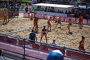 Deutsch: Beachhandball bei den Olympischen Jugendspielen 2018; Tag 3, 10. Oktober 2018; Mädchen, Vorrunde, Gruppe B - Niederlande-Argentinien 2:0 English: Beach handball at the 2018 Summer Youth Olympics at 10 October 2018 – Girls Preliminary Round Group B‎ – Netherlands-Argentina 2:0