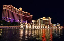 Wynn's company Mirage Resorts oversaw the construction of the Bellagio, which at the time was the most expensive hotel in the world. Like Wynn's previous resorts, the Bellagio features an extensive water show on the Strip. Bellagio Fountains at night.jpg