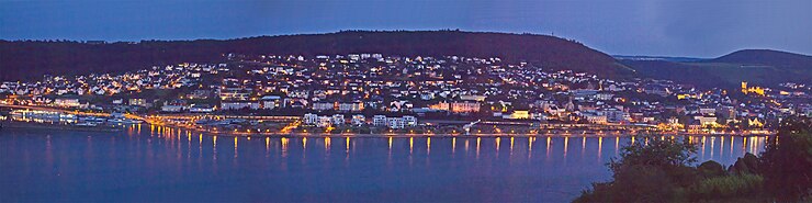 Blick von den Rüdesheimer Weinbergwegen auf den Binger Hafen (links) bis zur Burg Klopp (rechts).