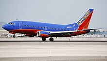 A Southwest Airlines 737-500 landing in Las Vegas in April 2008 Boeing 737-500 (Southwest Airlines) (2389306174).jpg