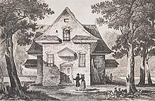 The Merion Friends Meeting House was built in 1695, making it the second-oldest Friends meeting house in the United States Boisseau Premier Temple des Quakers a Philadelphie 1837.jpg