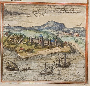 Elmina Castle viewed from the sea in 1572, by Georg Braun. Braun Elmina UBHD.jpg