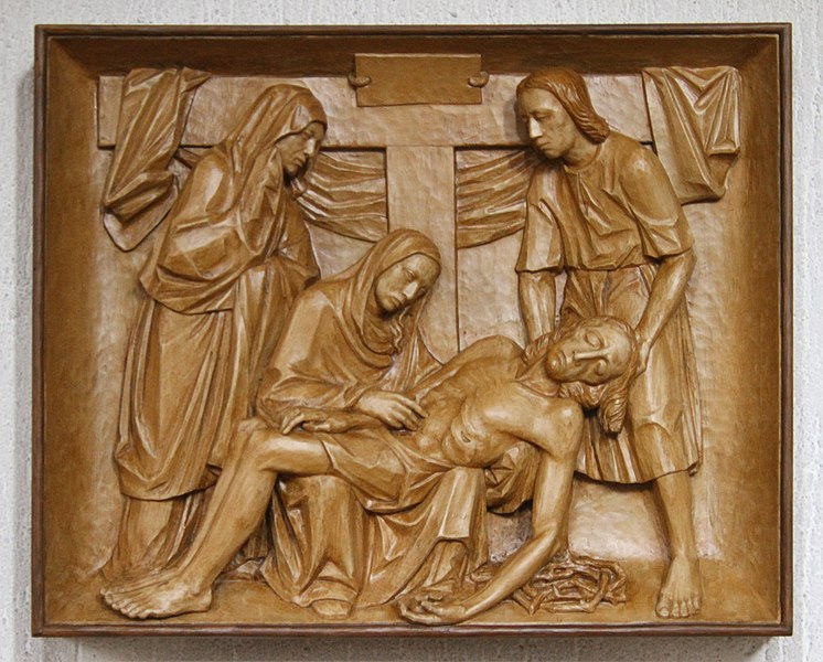 File:Buehlertal-Obertal-Liebfrauenkirche-Kreuzweg-13-Jesus wird vom Kreuz genommen und in den Schoss seiner Mutter gelegt-2021-gje.jpg