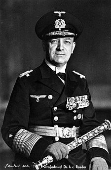 Photo of Erich Raeder in the full officer service uniform. The uniform was worn with a raised necktie, both shoulder epaulets and sleeve stripes to denote rank, as well as full medals and ribbons. In day-to-day operations, officers often wore the "lesser service uniform" with no epaulets, regular tie, and minimal decorations. Bundesarchiv Bild 146-1980-128-63, Erich Raeder.jpg