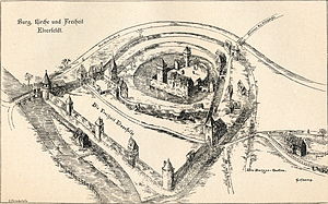 Castle, Church and Freedom Elverfeldt Reconstruction drawing by GU Fischer from 1893 based on the floor plan taken by Johannes von der Waye in 1598