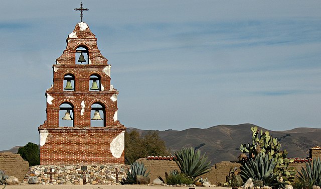 The bell tower of the restored Mission San Miguel Arcángel