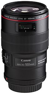 Canon 100 mm f/2.8L angled front