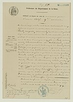 Seine ilçesinden sararmış antetli kağıt.  Kalemle yazılmış metin.  İki resmi pulun varlığı.  Başlık, 1865 doğum belgesi sicilinden alın.
