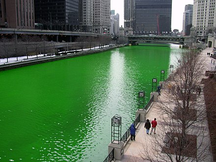 The Chicago River, dyed green for the 2005 St. Patrick's Day celebration