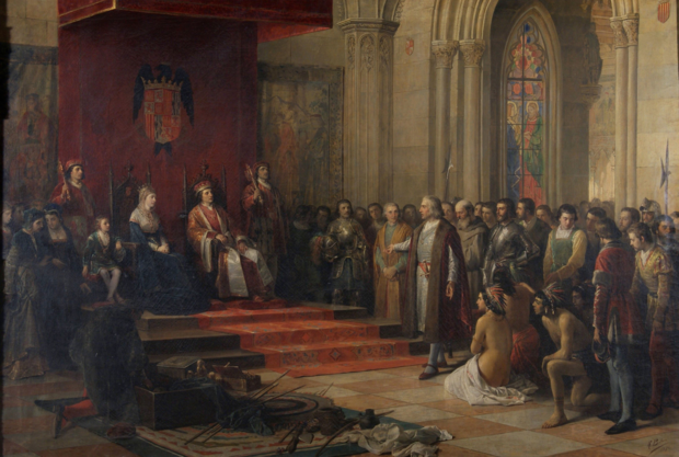 Columbus before the King (Ferdinand II) and Queen (Isabella I) of Spain upon returning from his first voyage