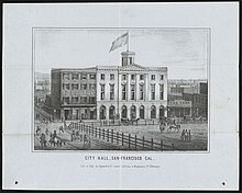 City hall, 750 Kearny Street, between Washington and Merchant streets, formerly housed the Jenny Lind Theatre City hall, San-Francisco, Cal. - Lith. & publ. by Quirot & Co., corner California and Montgomery Sts., S. Francisco. LCCN2012646051.jpg