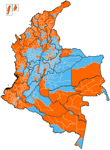 Candidate with the most votes in the second round by municipality:
Santos
Zuluaga Colombian Presidential Election Second Round Results, 2014 (Municipalities).svg