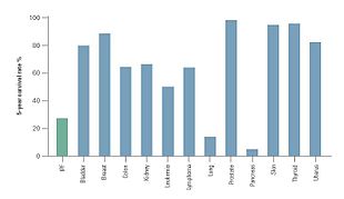 Comparison of the 5-year survival rate for IPF and common malignancies. Adapted from Bjoraker et al. 1998. Comparison of the 5-year survival rate for IPF.jpg