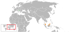 Карта, показваща местоположенията на Хърватия и Малайзия