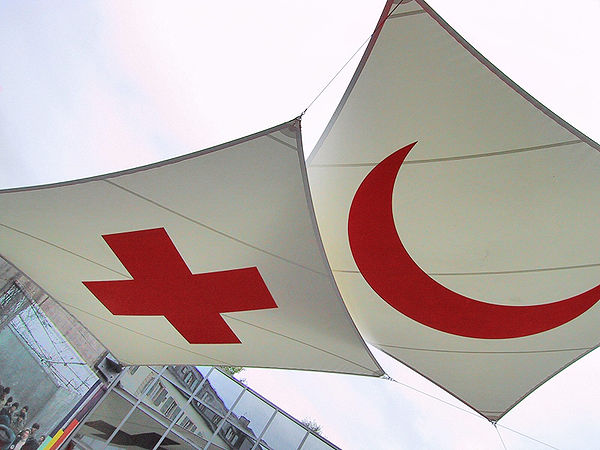The Red Cross and Red Crescent emblems, the symbols from which the movement derives its name, Geneva, 2005