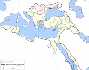 Kypros (punainen) Ottomaanien valtakunnan kartalla.