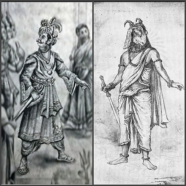Two depictions of Daksha — One with ordinary human features (left) and another with a goat face (right)