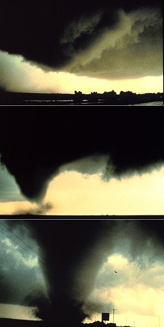 A sequence of images showing the birth of a tornado. First, the rotating cloud base lowers. This lowering becomes a funnel, which continues descending while winds build near the surface, kicking up dust and debris and causing damage. As the pressure continues to drop, the visible funnel extends to the ground. This tornado, near Dimmitt, Texas, was one of the best-observed violent tornadoes in history. Dimmit Sequence.jpg