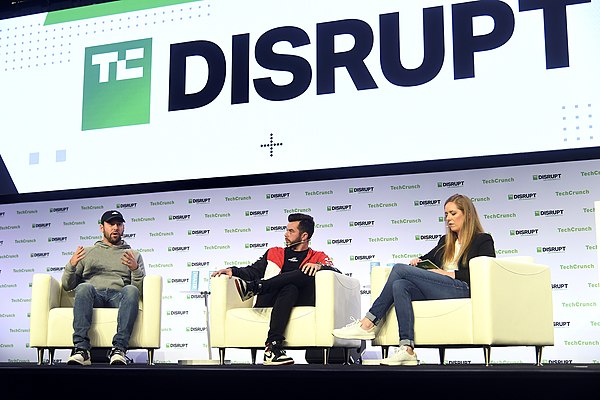Braun (left) onstage at TechCrunch Disrupt SF 2019 with Matthew "NadeShot" Haag and TechCrunch Editor Jordon Crook