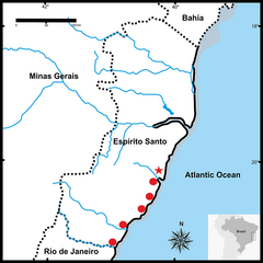 Os círculos em vermelho correspondem as cidades onde é encontrada e a estrela corresponde ao local onde o holótipo foi encontrado, no Espírito Santo.