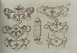 Drawings of six drawer pulls and an escutcheon