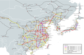 Высокоскоростные магистрали Восточной Азии     320-350 км/ч      265−310 км/ч      240−260 км/ч      200−230 км/ч      <200 км/ч