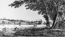 Elfviks gård och fabriksbyggnad (med skorstensrök) som uppfördes 1805–1806. Vy från mitt i Hustegafjärden ungefär vid Svanholmen. Förgrunden föreställer udden vid Gåshaga med tilläggsplats för en roddfärja och vilobänk. Tecknad bild av A.F. Cederholm från 1816.