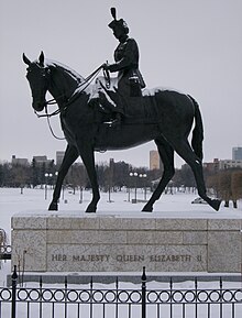 Statue of Elizabeth II aboard her favorite horse Burmese on the grounds of the Saskatchewan Legislative Building in Regina Elizabeth II Sask.jpg