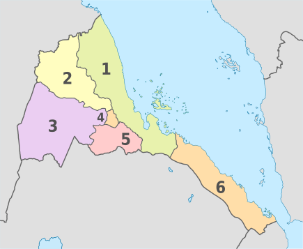 A map of Eritrea regions. 1.Northern Red Sea, 2.Anseba, 3.Gash-Barka, 4.Central (to right), 5.Southern, 6.Southern Red Sea Eritrea, administrative divisions - Nmbrs - colored.svg
