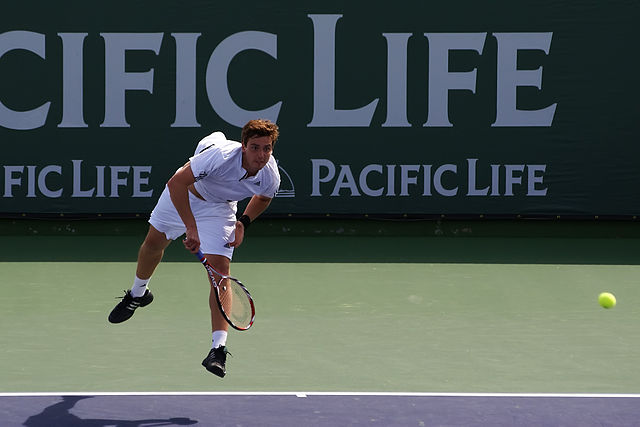 Gulbis serving to David Nalbandian at the 2008 Pacific Life Open.